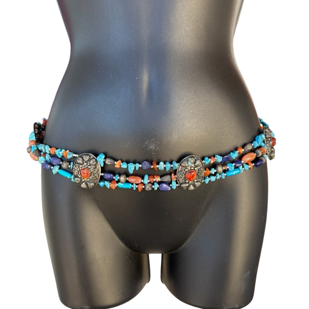 Chicos women’s vintage beated turquoise adjusble belt 41” long 1” wide preloved